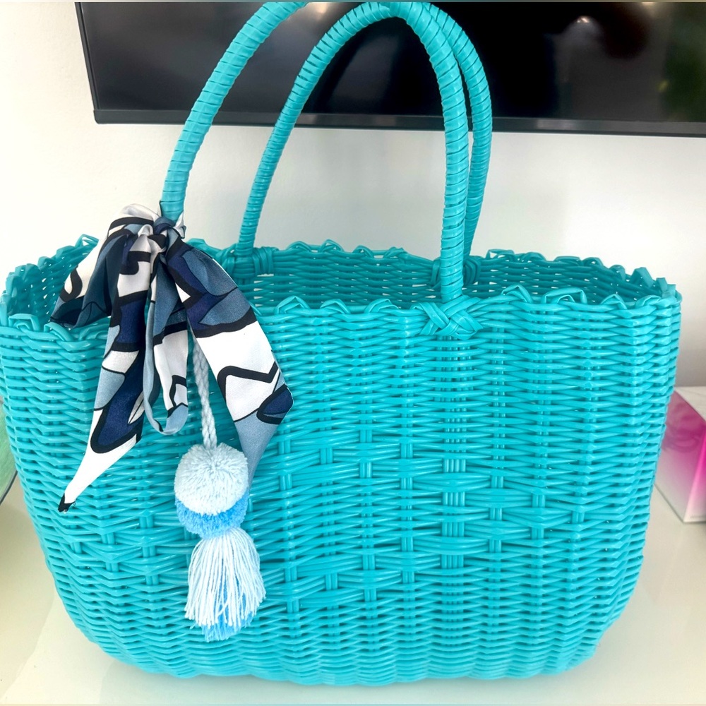 Turquoise Woven Beach Tote with Scarf and Pom Pom Accents. New